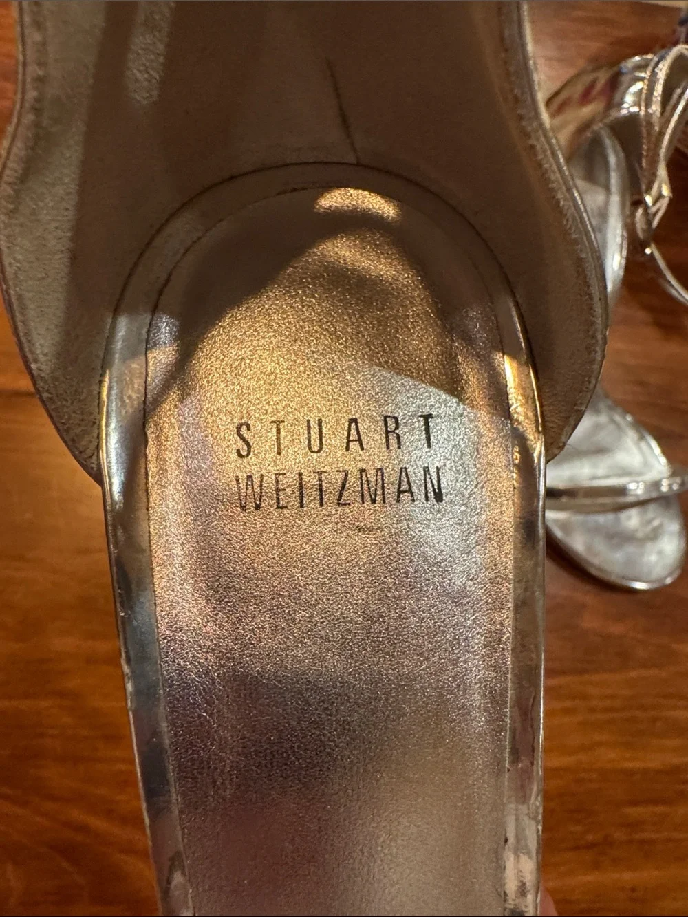 Stuart Weitzman Silver Vero Cucio Metallic Open Toe Heel Strap 8 1/2 Wedding EXC